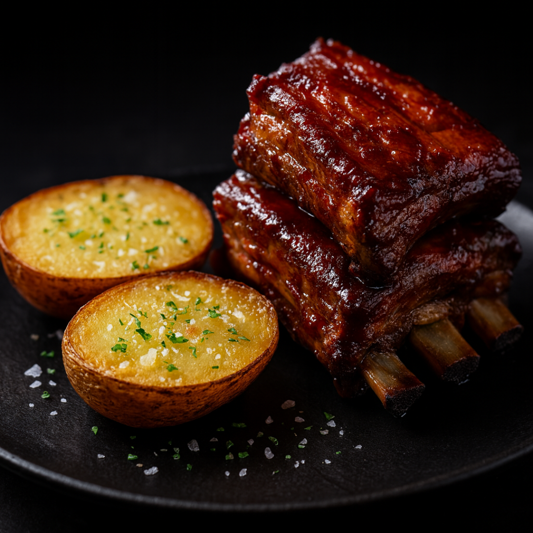 Costella lacada al forn amb patata al caliu